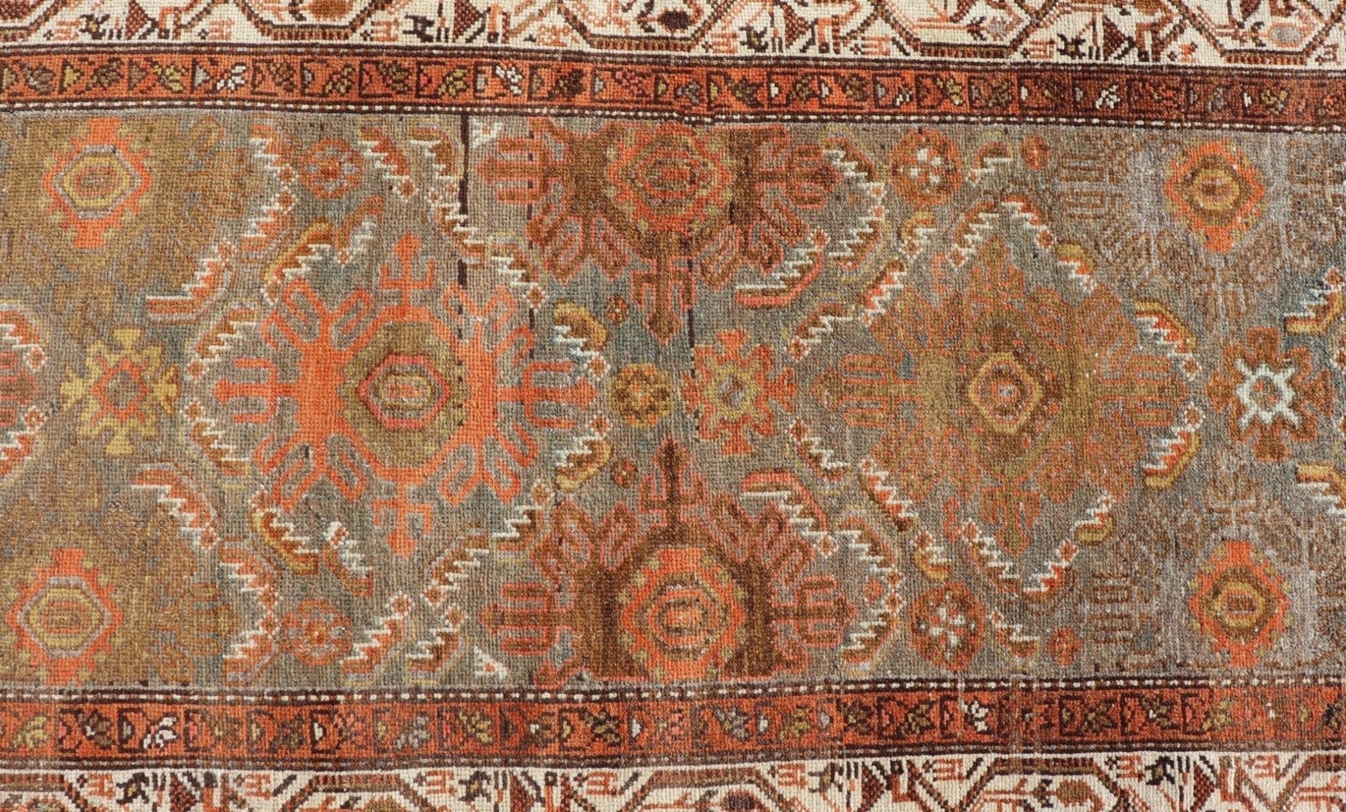 Antique Persian Hamadan Long Runner in Brown, Gray and Earth Tones Measures 2'6 x 16'3 This grand runner features a beautiful desert palette of orange, rustic gold, taupe, dulled cream, red, and camel, with a bright white border filled w... - Keivan Woven ArtsEMB - 9524 - P13062 - 14674Rug