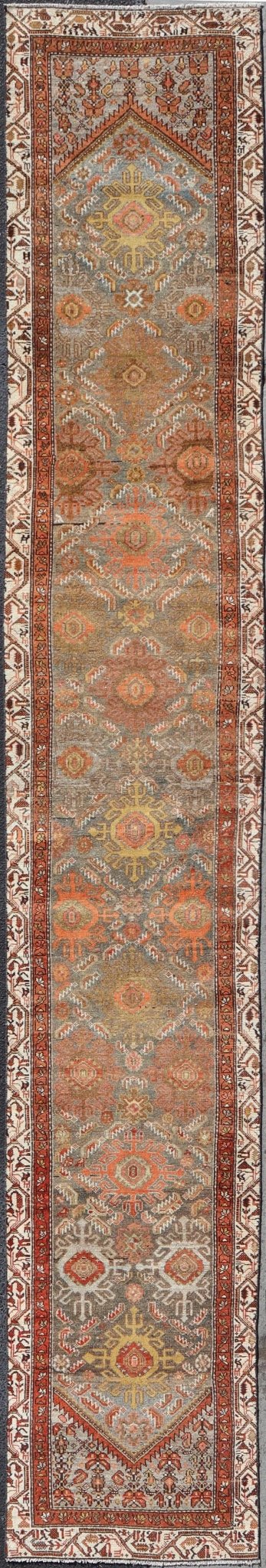 Antique Persian Hamadan Long Runner in Brown, Gray and Earth Tones Measures 2'6 x 16'3 This grand runner features a beautiful desert palette of orange, rustic gold, taupe, dulled cream, red, and camel, with a bright white border filled w... - Keivan Woven ArtsEMB - 9524 - P13062 - 14674Rug