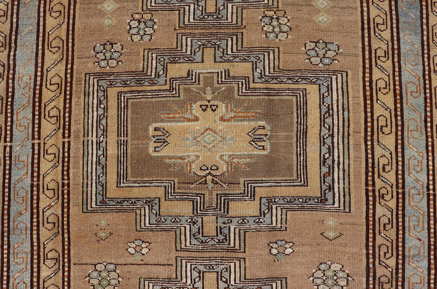 Antique Persian Kurdish Rug in Wool with Tri - Medallion Design in Brown and Blue This antique Persian Tabriz rug has been hand - knotted in wool and features a large tri - medallion design rendered in blue - gray and earthy tones. A complementary, mul... - Keivan Woven ArtsEMB - 9529 - P13069 - 14692Rug