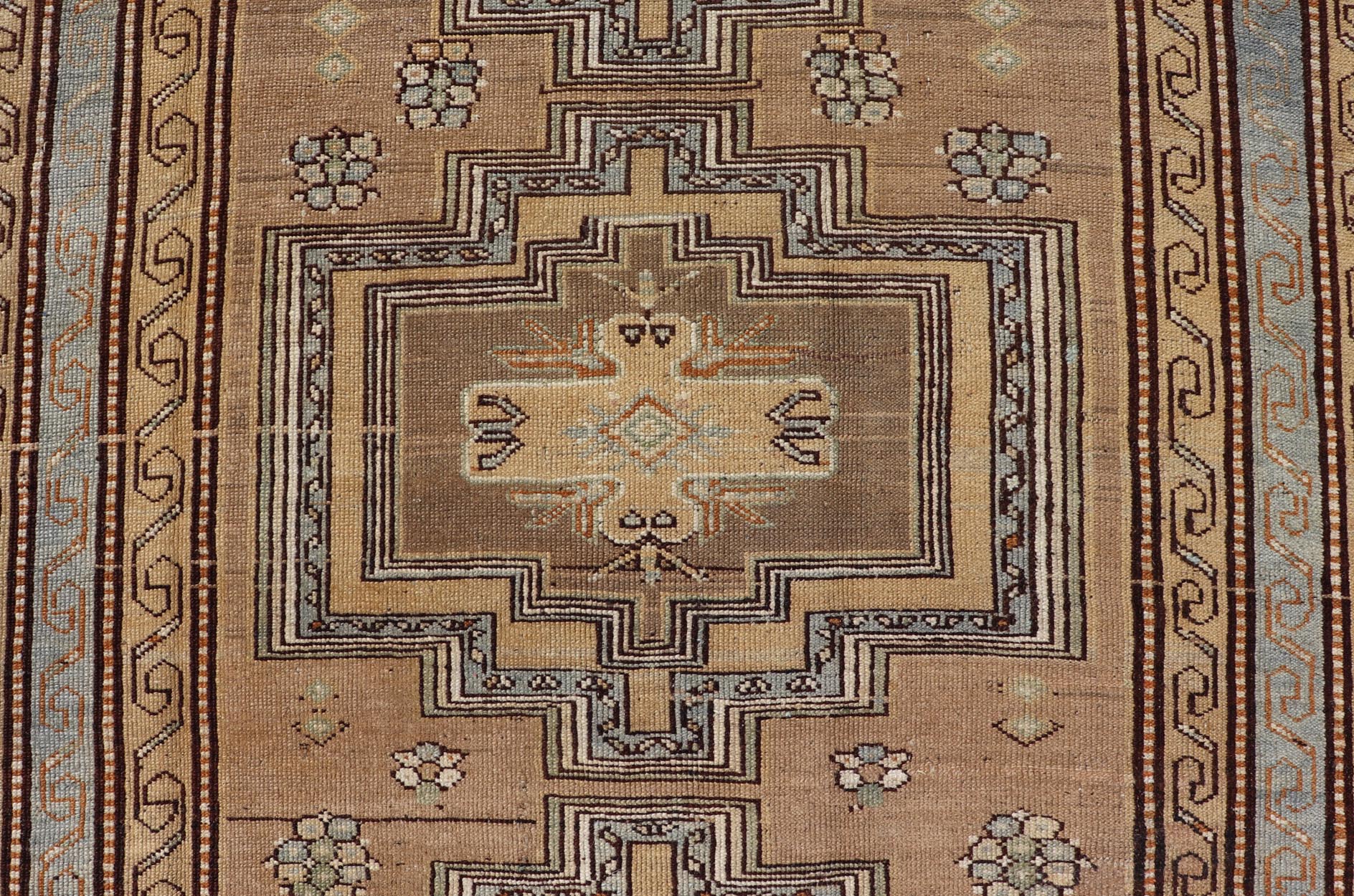 Antique Persian Kurdish Rug in Wool with Tri - Medallion Design in Brown and Blue This antique Persian Tabriz rug has been hand - knotted in wool and features a large tri - medallion design rendered in blue - gray and earthy tones. A complementary, mul... - Keivan Woven ArtsEMB - 9529 - P13069 - 14692Rug