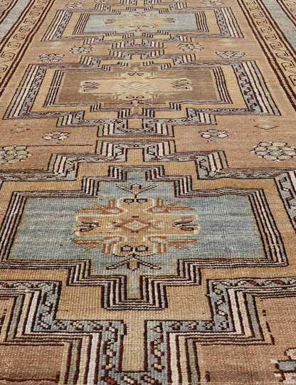 Antique Persian Kurdish Rug in Wool with Tri - Medallion Design in Brown and Blue This antique Persian Tabriz rug has been hand - knotted in wool and features a large tri - medallion design rendered in blue - gray and earthy tones. A complementary, mul... - Keivan Woven ArtsEMB - 9529 - P13069 - 14692Rug