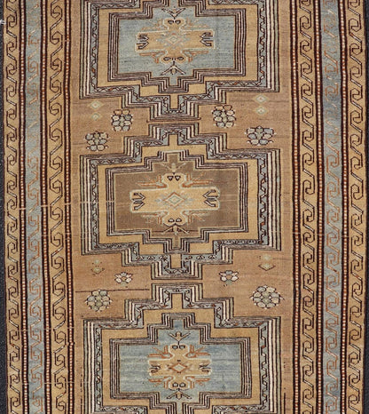 Antique Persian Kurdish Rug in Wool with Tri - Medallion Design in Brown and Blue This antique Persian Tabriz rug has been hand - knotted in wool and features a large tri - medallion design rendered in blue - gray and earthy tones. A complementary, mul... - Keivan Woven ArtsEMB - 9529 - P13069 - 14692Rug