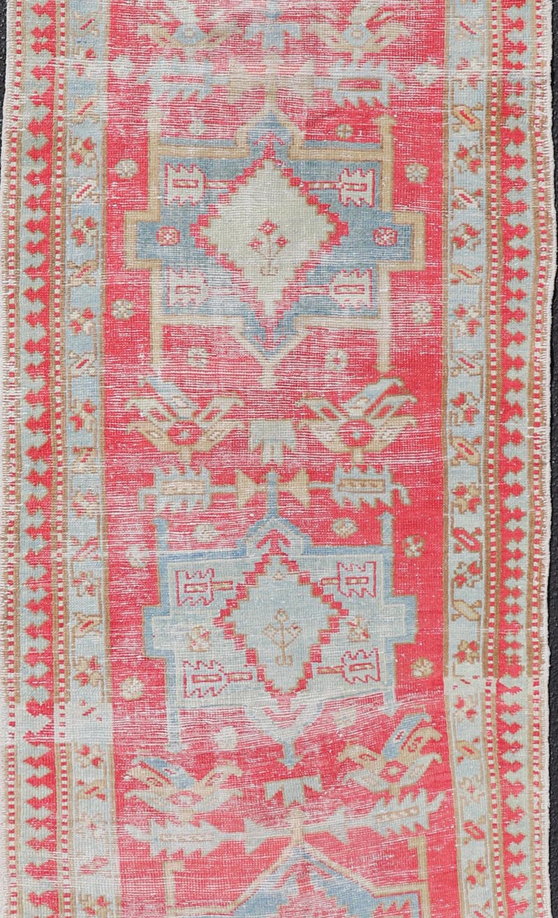 Red and Light Blue Toned Antique Persian Heriz Runner with Tribal Medallions. Keivan Woven Arts / rug # EN - 13040, country of origin / type: Iran / Heriz, circa 1920. Measures: 2'10 x 8'10 This antique Persian Heriz runner, from northwest Iran, d... - Keivan Woven ArtsEMB - 9530 - 09 - 13040 - 14698Rug
