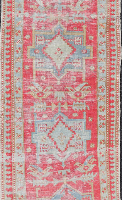 Red and Light Blue Toned Antique Persian Heriz Runner with Tribal Medallions. Keivan Woven Arts / rug # EN - 13040, country of origin / type: Iran / Heriz, circa 1920. Measures: 2'10 x 8'10 This antique Persian Heriz runner, from northwest Iran, d... - Keivan Woven ArtsEMB - 9530 - 09 - 13040 - 14698Rug