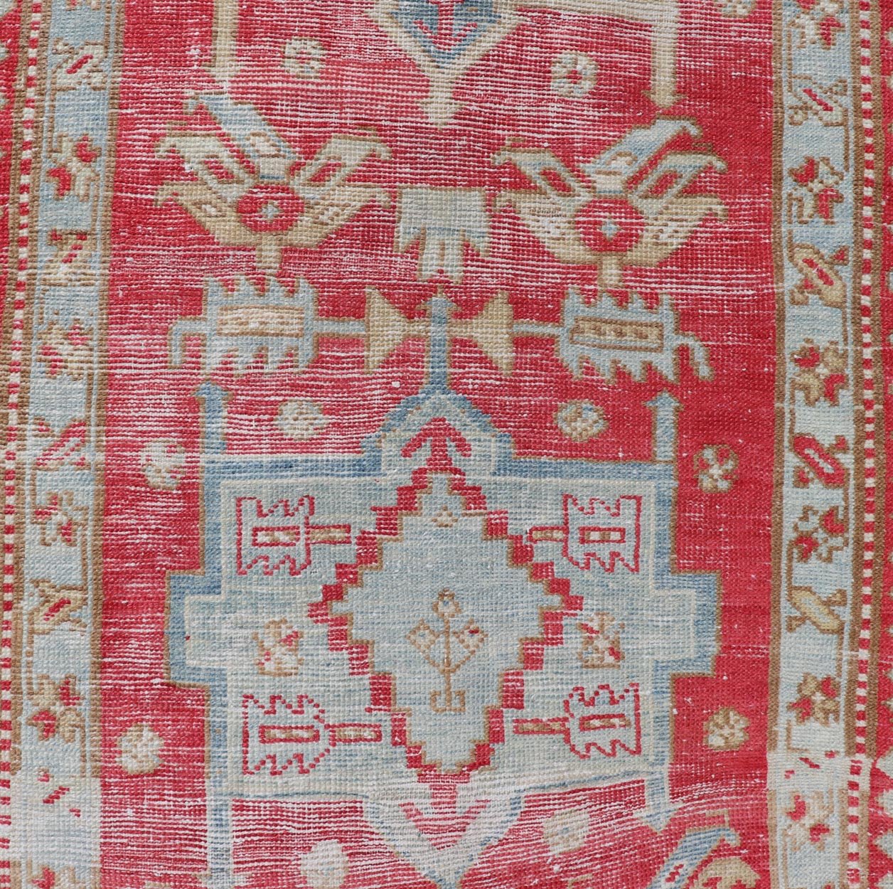 Red and Light Blue Toned Antique Persian Heriz Runner with Tribal Medallions. Keivan Woven Arts / rug # EN - 13040, country of origin / type: Iran / Heriz, circa 1920. Measures: 2'10 x 8'10 This antique Persian Heriz runner, from northwest Iran, d... - Keivan Woven ArtsEMB - 9530 - 09 - 13040 - 14698Rug