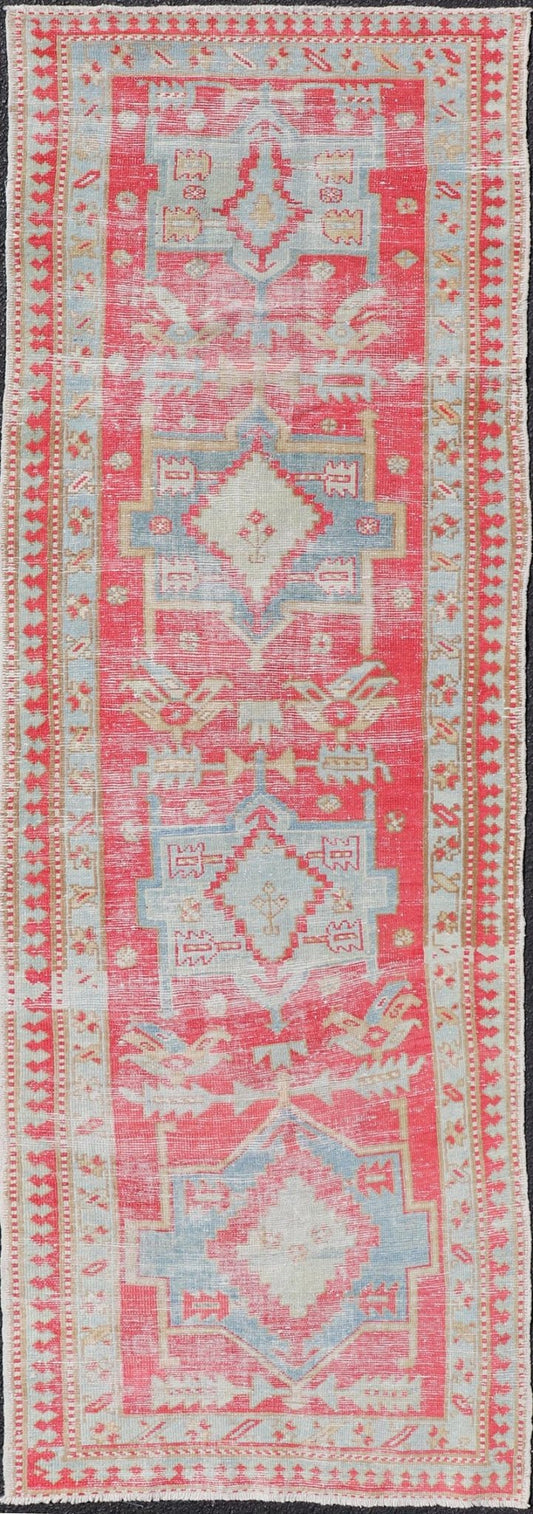 Red and Light Blue Toned Antique Persian Heriz Runner with Tribal Medallions. Keivan Woven Arts / rug # EN - 13040, country of origin / type: Iran / Heriz, circa 1920. Measures: 2'10 x 8'10 This antique Persian Heriz runner, from northwest Iran, d... - Keivan Woven ArtsEMB - 9530 - 09 - 13040 - 14698Rug