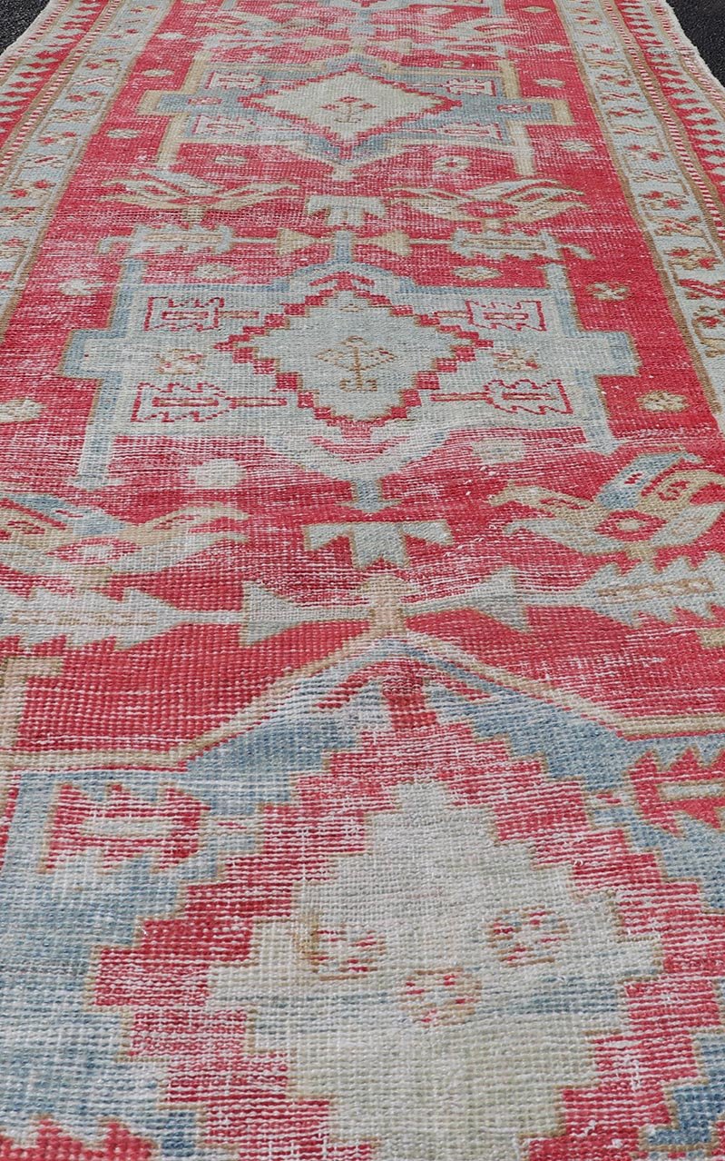 Red and Light Blue Toned Antique Persian Heriz Runner with Tribal Medallions. Keivan Woven Arts / rug # EN - 13040, country of origin / type: Iran / Heriz, circa 1920. Measures: 2'10 x 8'10 This antique Persian Heriz runner, from northwest Iran, d... - Keivan Woven ArtsEMB - 9530 - 09 - 13040 - 14698Rug
