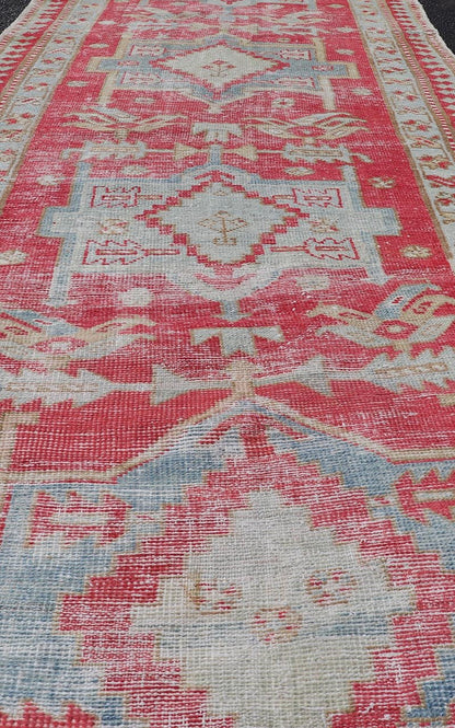 Red and Light Blue Toned Antique Persian Heriz Runner with Tribal Medallions. Keivan Woven Arts / rug # EN - 13040, country of origin / type: Iran / Heriz, circa 1920. Measures: 2'10 x 8'10 This antique Persian Heriz runner, from northwest Iran, d... - Keivan Woven ArtsEMB - 9530 - 09 - 13040 - 14698Rug