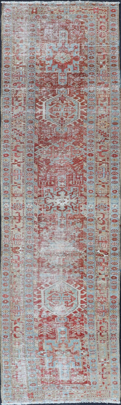 Antique Persian Heriz Distressed Runner with Geometrics in Red and Light Blue. Geometric Medallion design Persian distressed Heriz antique runner in soft red and blue tones, rug EMB - 9531 - 10 - P13034, country of origin / type: Iran / Heriz, circa 1... - Keivan Woven ArtsEMB - 9531 - 10 - P13034 - 14704Rug