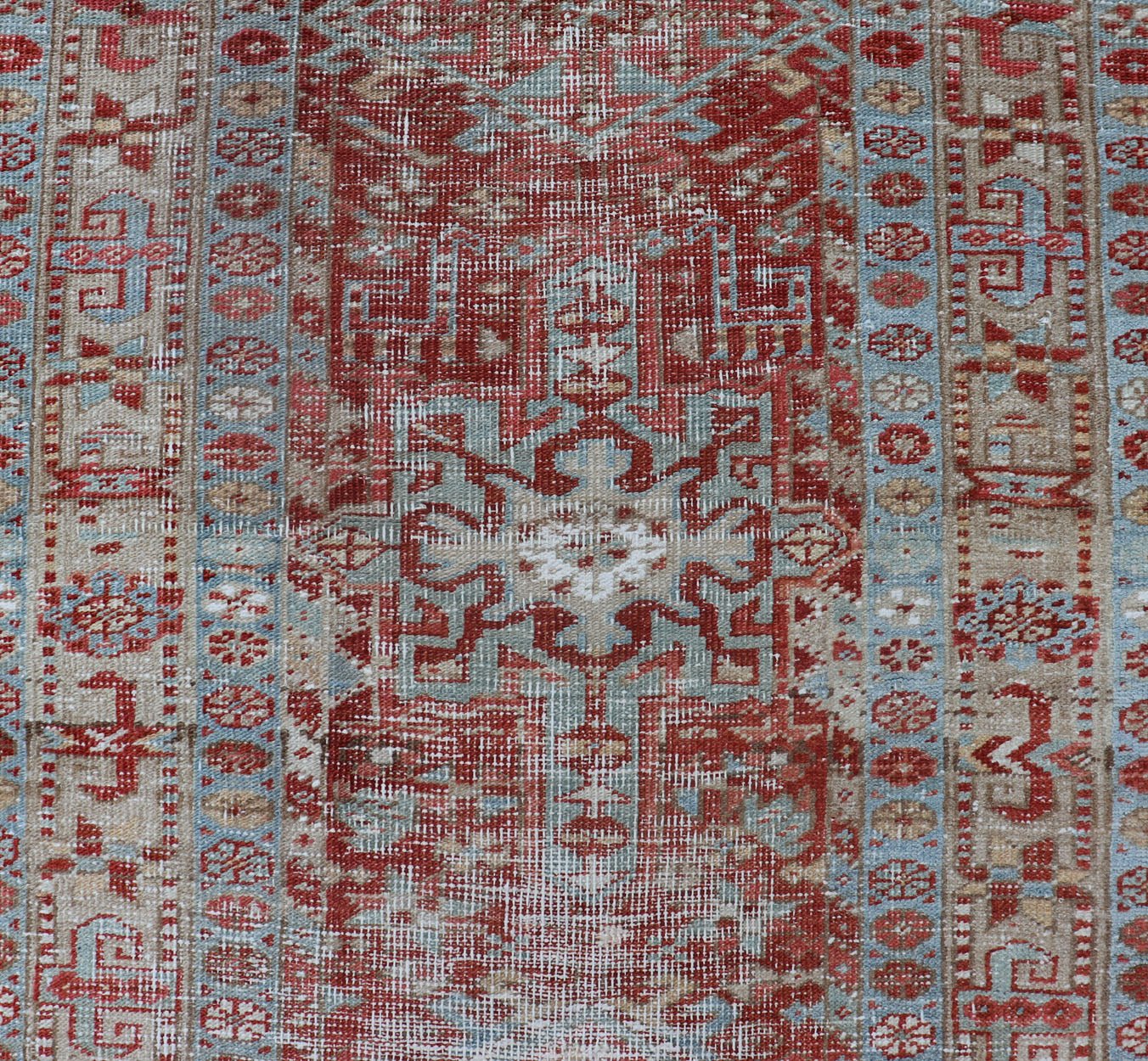 Antique Persian Heriz Distressed Runner with Geometrics in Red and Light Blue. Geometric Medallion design Persian distressed Heriz antique runner in soft red and blue tones, rug EMB - 9531 - 10 - P13034, country of origin / type: Iran / Heriz, circa 1... - Keivan Woven ArtsEMB - 9531 - 10 - P13034 - 14704Rug