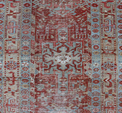 Antique Persian Heriz Distressed Runner with Geometrics in Red and Light Blue. Geometric Medallion design Persian distressed Heriz antique runner in soft red and blue tones, rug EMB - 9531 - 10 - P13034, country of origin / type: Iran / Heriz, circa 1... - Keivan Woven ArtsEMB - 9531 - 10 - P13034 - 14704Rug