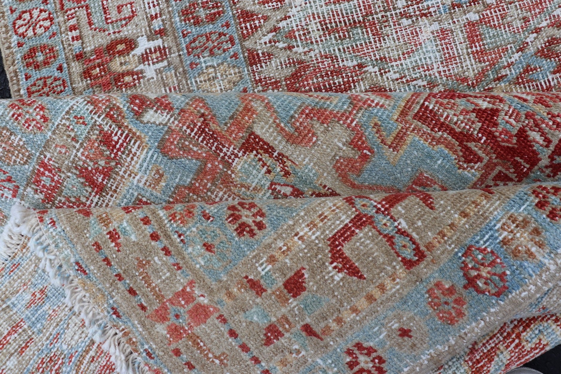 Antique Persian Heriz Distressed Runner with Geometrics in Red and Light Blue. Geometric Medallion design Persian distressed Heriz antique runner in soft red and blue tones, rug EMB - 9531 - 10 - P13034, country of origin / type: Iran / Heriz, circa 1... - Keivan Woven ArtsEMB - 9531 - 10 - P13034 - 14704Rug