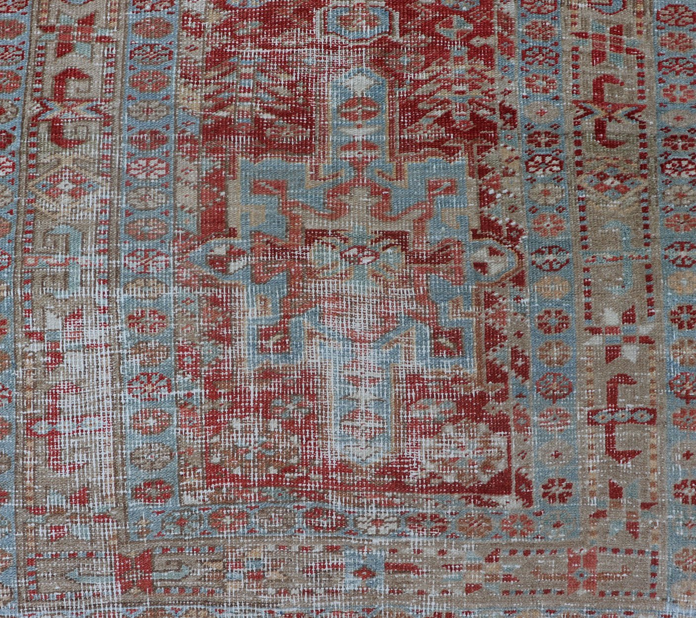 Antique Persian Heriz Distressed Runner with Geometrics in Red and Light Blue. Geometric Medallion design Persian distressed Heriz antique runner in soft red and blue tones, rug EMB - 9531 - 10 - P13034, country of origin / type: Iran / Heriz, circa 1... - Keivan Woven ArtsEMB - 9531 - 10 - P13034 - 14704Rug