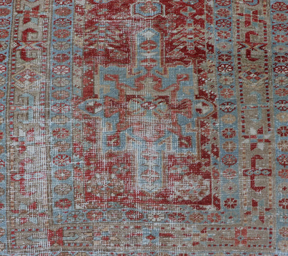 Antique Persian Heriz Distressed Runner with Geometrics in Red and Light Blue. Geometric Medallion design Persian distressed Heriz antique runner in soft red and blue tones, rug EMB - 9531 - 10 - P13034, country of origin / type: Iran / Heriz, circa 1... - Keivan Woven ArtsEMB - 9531 - 10 - P13034 - 14704Rug
