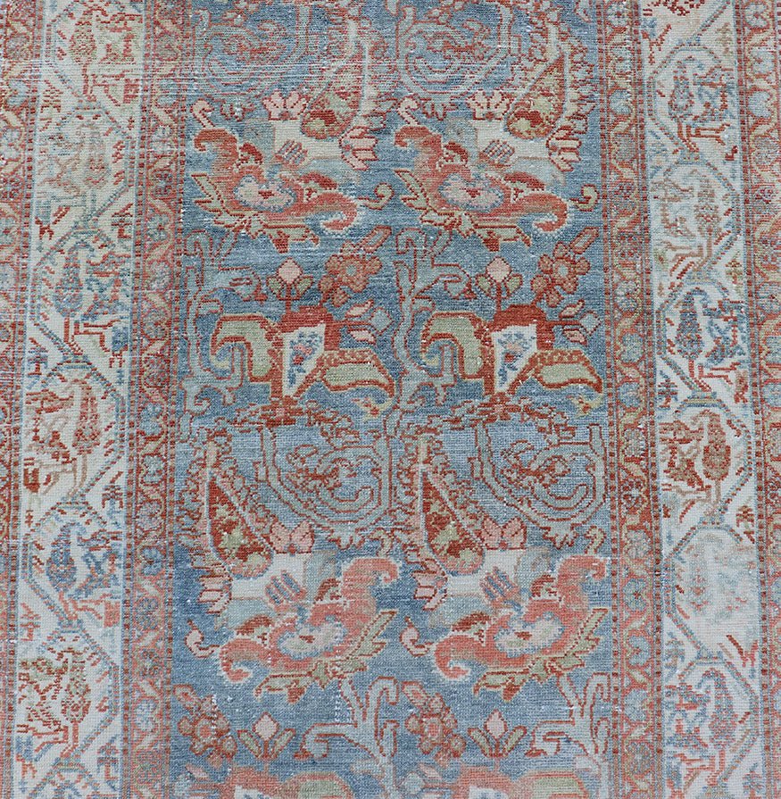 Fine Antique Persian Malayer Runner in Soft Tones of Blue, Red, Brown and Cream Long Persian Malayer runner with floral in all - over design. Fine Persian Malayer Runner in soft tones of blue, soft red, cream, and earthy tones. rug EMB - 9532 - 03 - P13... - Keivan Woven ArtsEMB - 9532 - 03 - P13031 - 14710Rug