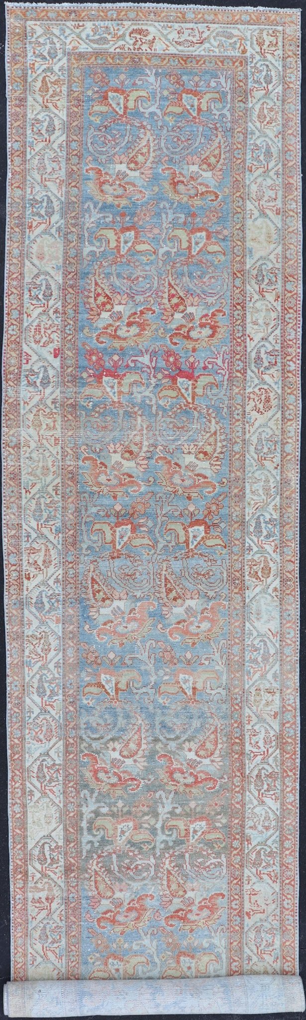 Fine Antique Persian Malayer Runner in Soft Tones of Blue, Red, Brown and Cream Long Persian Malayer runner with floral in all - over design. Fine Persian Malayer Runner in soft tones of blue, soft red, cream, and earthy tones. rug EMB - 9532 - 03 - P13... - Keivan Woven ArtsEMB - 9532 - 03 - P13031 - 14710Rug
