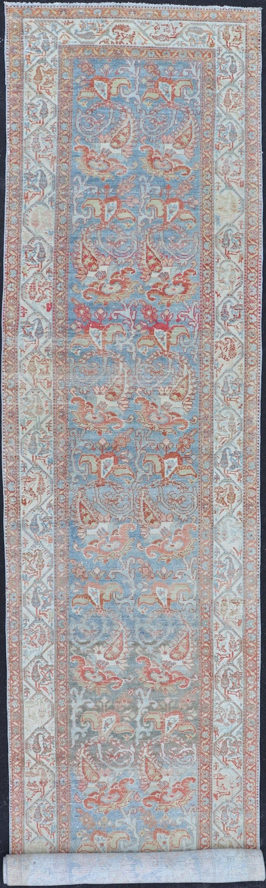 Fine Antique Persian Malayer Runner in Soft Tones of Blue, Red, Brown and Cream Long Persian Malayer runner with floral in all - over design. Fine Persian Malayer Runner in soft tones of blue, soft red, cream, and earthy tones. rug EMB - 9532 - 03 - P13... - Keivan Woven ArtsEMB - 9532 - 03 - P13031 - 14710Rug