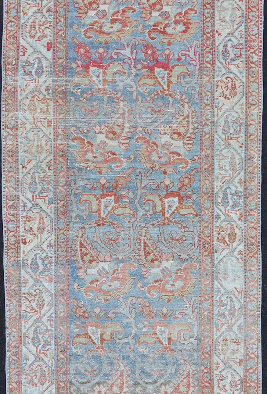 Fine Antique Persian Malayer Runner in Soft Tones of Blue, Red, Brown and Cream Long Persian Malayer runner with floral in all - over design. Fine Persian Malayer Runner in soft tones of blue, soft red, cream, and earthy tones. rug EMB - 9532 - 03 - P13... - Keivan Woven ArtsEMB - 9532 - 03 - P13031 - 14710Rug