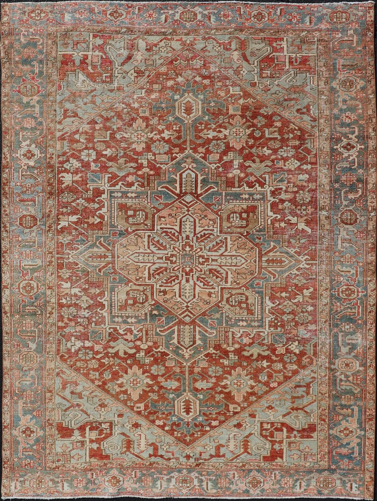 Antique Heriz Rug with All - Over Medallion Design in Red, Blue, Pink, Tan & Brown Antique Heriz Rug, rug EMB - 9533 - P13059, country of origin / type: Persian / Heriz, circa Early - 20th Century. Measures: 6'11 x 9'7. - Keivan Woven ArtsEMB - 9533 - P13059 - 14716Rug
