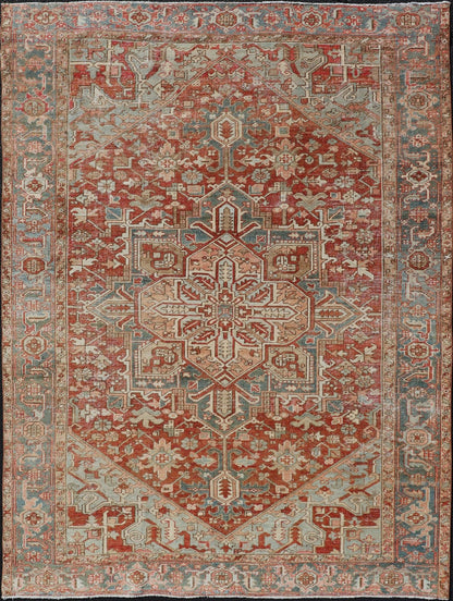 Antique Heriz Rug with All - Over Medallion Design in Red, Blue, Pink, Tan & Brown Antique Heriz Rug, rug EMB - 9533 - P13059, country of origin / type: Persian / Heriz, circa Early - 20th Century. Measures: 6'11 x 9'7. - Keivan Woven ArtsEMB - 9533 - P13059 - 14716Rug