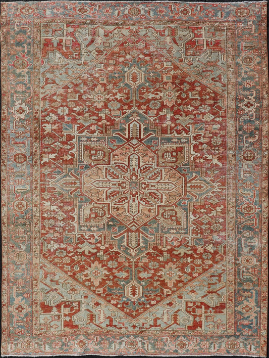 Antique Heriz Rug with All - Over Medallion Design in Red, Blue, Pink, Tan & Brown Antique Heriz Rug, rug EMB - 9533 - P13059, country of origin / type: Persian / Heriz, circa Early - 20th Century. Measures: 6'11 x 9'7. - Keivan Woven ArtsEMB - 9533 - P13059 - 14716Rug