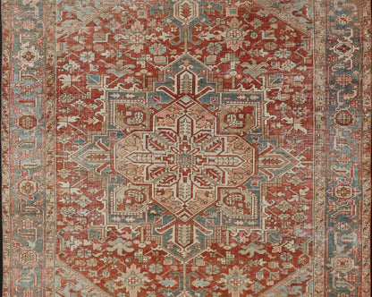 Antique Heriz Rug with All - Over Medallion Design in Red, Blue, Pink, Tan & Brown Antique Heriz Rug, rug EMB - 9533 - P13059, country of origin / type: Persian / Heriz, circa Early - 20th Century. Measures: 6'11 x 9'7. - Keivan Woven ArtsEMB - 9533 - P13059 - 14716Rug