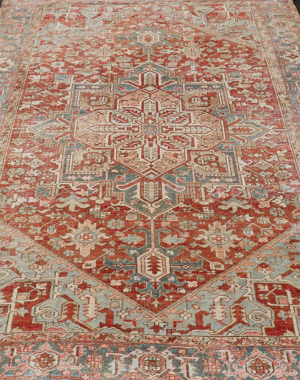 Antique Heriz Rug with All - Over Medallion Design in Red, Blue, Pink, Tan & Brown Antique Heriz Rug, rug EMB - 9533 - P13059, country of origin / type: Persian / Heriz, circa Early - 20th Century. Measures: 6'11 x 9'7. - Keivan Woven ArtsEMB - 9533 - P13059 - 14716Rug