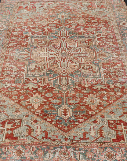 Antique Heriz Rug with All - Over Medallion Design in Red, Blue, Pink, Tan & Brown Antique Heriz Rug, rug EMB - 9533 - P13059, country of origin / type: Persian / Heriz, circa Early - 20th Century. Measures: 6'11 x 9'7. - Keivan Woven ArtsEMB - 9533 - P13059 - 14716Rug