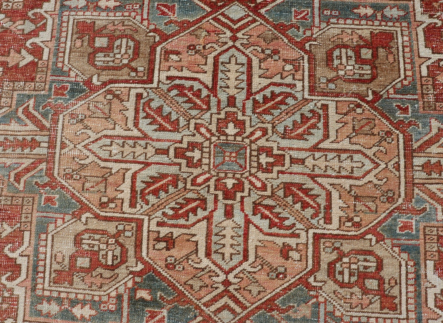 Antique Heriz Rug with All - Over Medallion Design in Red, Blue, Pink, Tan & Brown Antique Heriz Rug, rug EMB - 9533 - P13059, country of origin / type: Persian / Heriz, circa Early - 20th Century. Measures: 6'11 x 9'7. - Keivan Woven ArtsEMB - 9533 - P13059 - 14716Rug
