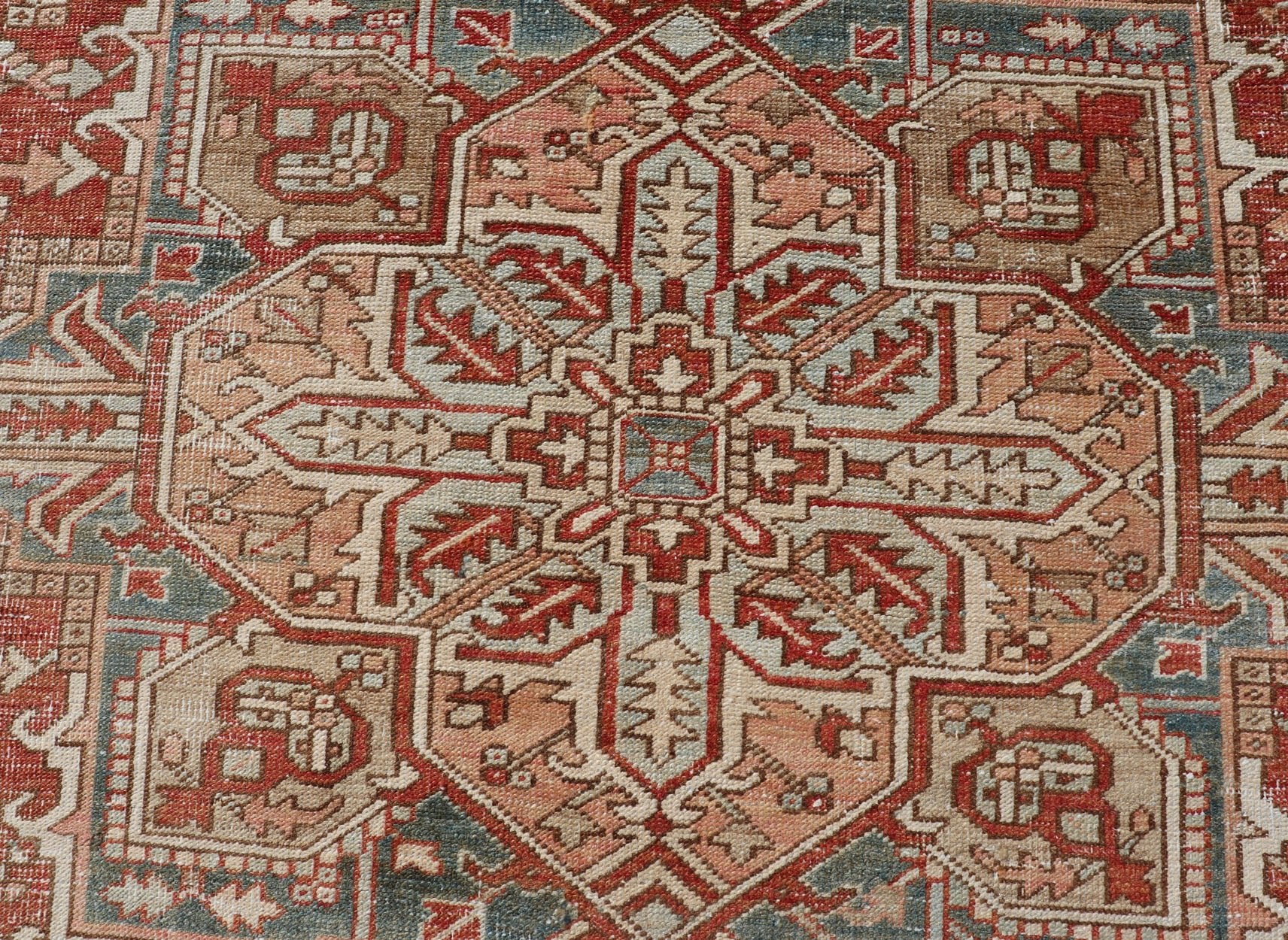 Antique Heriz Rug with All - Over Medallion Design in Red, Blue, Pink, Tan & Brown Antique Heriz Rug, rug EMB - 9533 - P13059, country of origin / type: Persian / Heriz, circa Early - 20th Century. Measures: 6'11 x 9'7. - Keivan Woven ArtsEMB - 9533 - P13059 - 14716Rug
