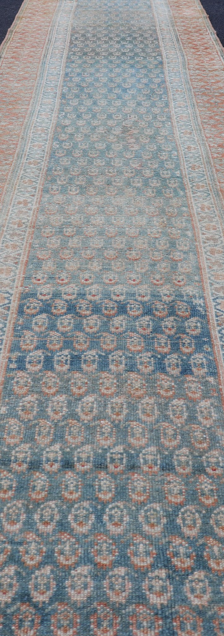 Paisley Field Antique Persian Kurdish Runner in Soft Teal Colors & Orange Variation of teal colors , creams, and soft oranges antique Persian Kurdish runner /rug EMB - 9534 - 02 - P13033, country of origin / type: Iran / Kurdish, circa 1910. ... - Keivan Woven ArtsEMB - 9534 - 02 - P13033 - 14722Rug