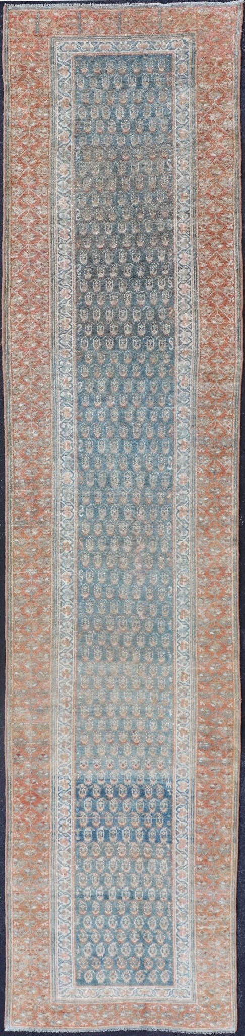 Paisley Field Antique Persian Kurdish Runner in Soft Teal Colors & Orange Variation of teal colors , creams, and soft oranges antique Persian Kurdish runner /rug EMB - 9534 - 02 - P13033, country of origin / type: Iran / Kurdish, circa 1910. ... - Keivan Woven ArtsEMB - 9534 - 02 - P13033 - 14722Rug