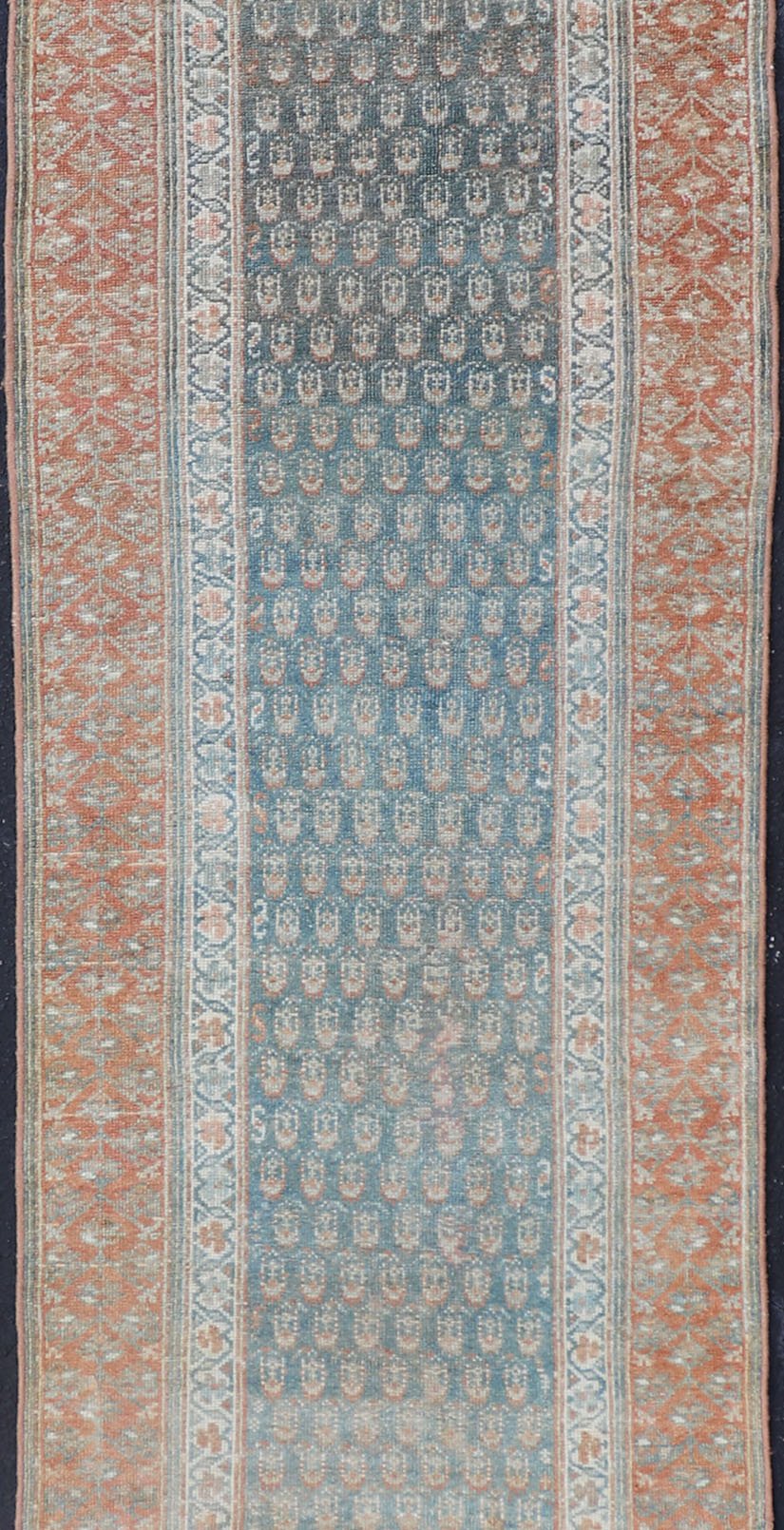 Paisley Field Antique Persian Kurdish Runner in Soft Teal Colors & Orange Variation of teal colors , creams, and soft oranges antique Persian Kurdish runner /rug EMB - 9534 - 02 - P13033, country of origin / type: Iran / Kurdish, circa 1910. ... - Keivan Woven ArtsEMB - 9534 - 02 - P13033 - 14722Rug