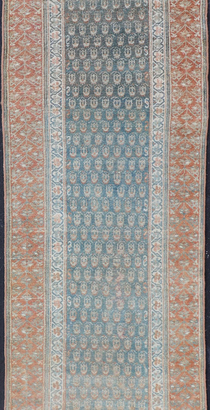 Paisley Field Antique Persian Kurdish Runner in Soft Teal Colors & Orange Variation of teal colors , creams, and soft oranges antique Persian Kurdish runner /rug EMB - 9534 - 02 - P13033, country of origin / type: Iran / Kurdish, circa 1910. ... - Keivan Woven ArtsEMB - 9534 - 02 - P13033 - 14722Rug