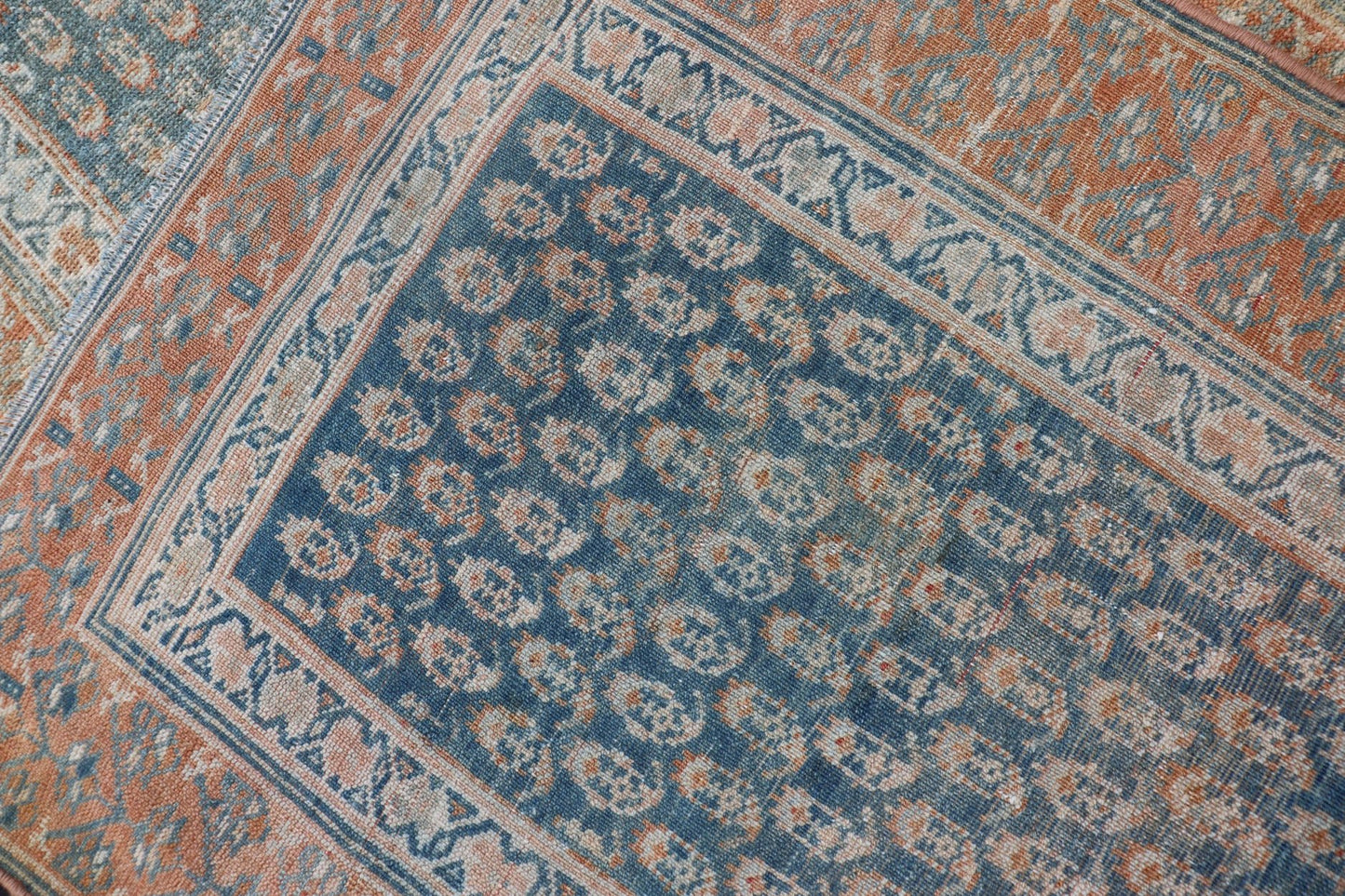 Paisley Field Antique Persian Kurdish Runner in Soft Teal Colors & Orange Variation of teal colors , creams, and soft oranges antique Persian Kurdish runner /rug EMB - 9534 - 02 - P13033, country of origin / type: Iran / Kurdish, circa 1910. ... - Keivan Woven ArtsEMB - 9534 - 02 - P13033 - 14722Rug