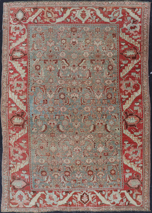Antique Persian Bidjar Rug with Tribal Herati Design in Light Blue & Soft Red. Distressed antique rug, distressed Bidjar, distressed Persian rug All over Herati flower design, antique Bidjar Persian rug in a variety of muted colors, rug EMB - 9537... - Keivan Woven ArtsEMB - 9537 - 04 - P13030 - 14740Rug