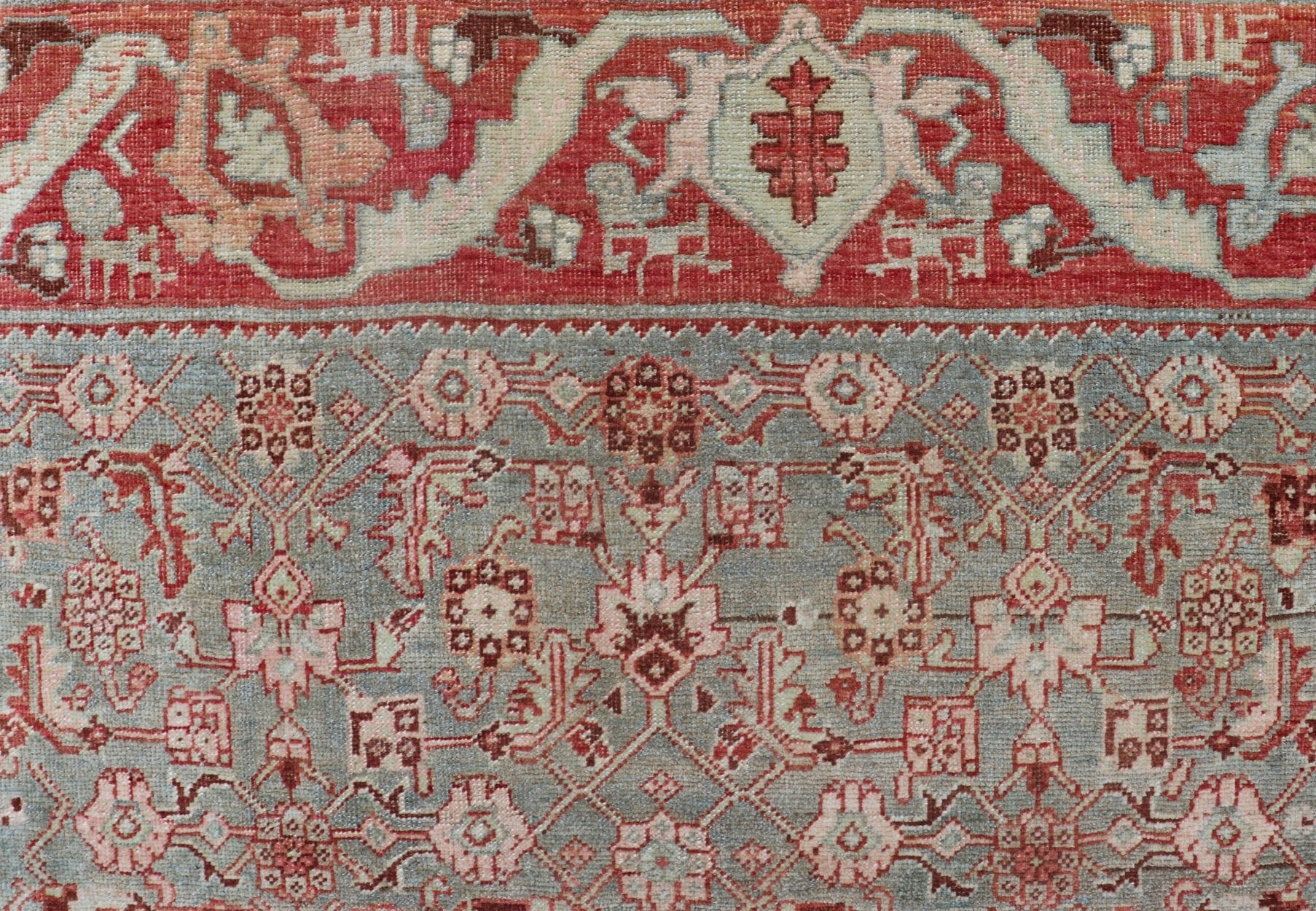 Antique Persian Bidjar Rug with Tribal Herati Design in Light Blue & Soft Red. Distressed antique rug, distressed Bidjar, distressed Persian rug All over Herati flower design, antique Bidjar Persian rug in a variety of muted colors, rug EMB - 9537... - Keivan Woven ArtsEMB - 9537 - 04 - P13030 - 14740Rug