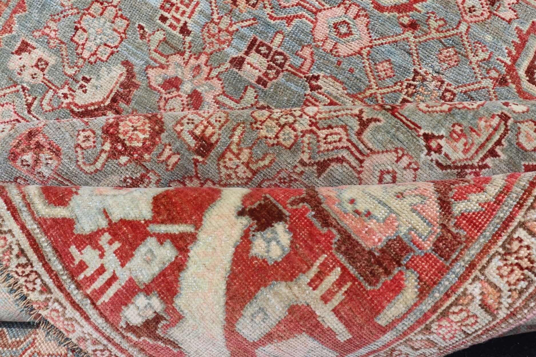 Antique Persian Bidjar Rug with Tribal Herati Design in Light Blue & Soft Red. Distressed antique rug, distressed Bidjar, distressed Persian rug All over Herati flower design, antique Bidjar Persian rug in a variety of muted colors, rug EMB - 9537... - Keivan Woven ArtsEMB - 9537 - 04 - P13030 - 14740Rug