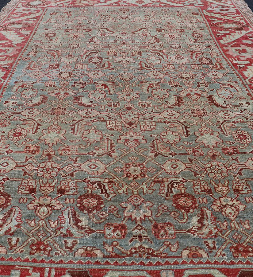 Antique Persian Bidjar Rug with Tribal Herati Design in Light Blue & Soft Red. Distressed antique rug, distressed Bidjar, distressed Persian rug All over Herati flower design, antique Bidjar Persian rug in a variety of muted colors, rug EMB - 9537... - Keivan Woven ArtsEMB - 9537 - 04 - P13030 - 14740Rug
