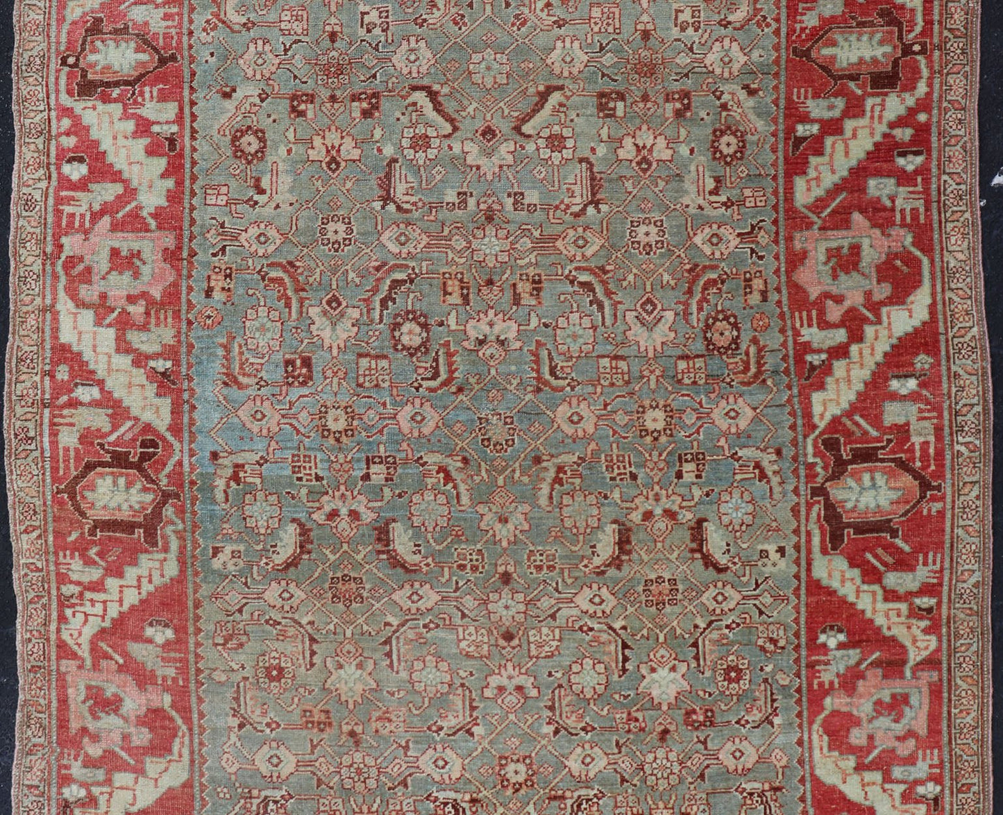 Antique Persian Bidjar Rug with Tribal Herati Design in Light Blue & Soft Red. Distressed antique rug, distressed Bidjar, distressed Persian rug All over Herati flower design, antique Bidjar Persian rug in a variety of muted colors, rug EMB - 9537... - Keivan Woven ArtsEMB - 9537 - 04 - P13030 - 14740Rug