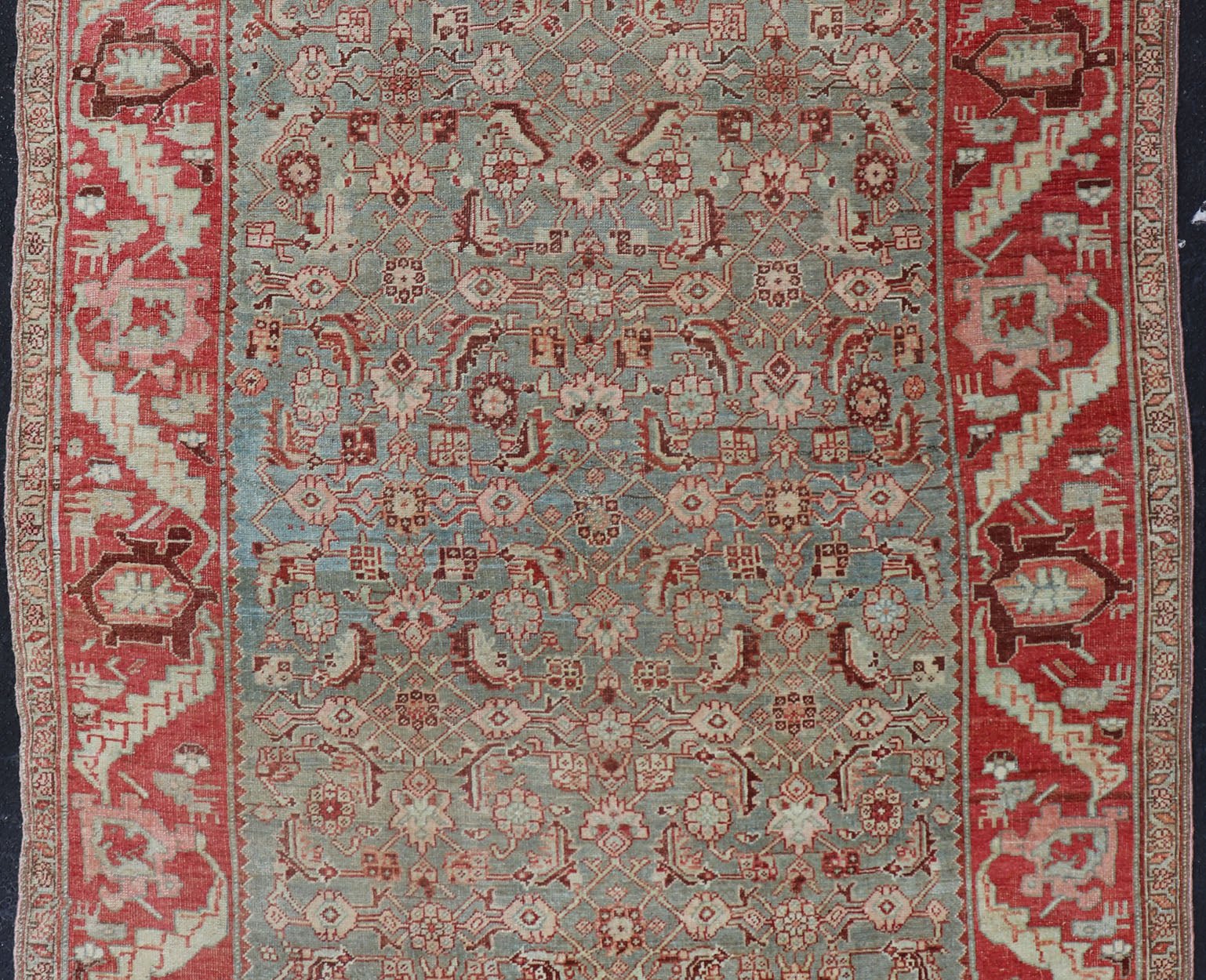 Antique Persian Bidjar Rug with Tribal Herati Design in Light Blue & Soft Red. Distressed antique rug, distressed Bidjar, distressed Persian rug All over Herati flower design, antique Bidjar Persian rug in a variety of muted colors, rug EMB - 9537... - Keivan Woven ArtsEMB - 9537 - 04 - P13030 - 14740Rug