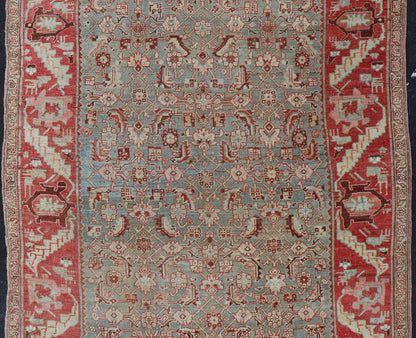 Antique Persian Bidjar Rug with Tribal Herati Design in Light Blue & Soft Red. Distressed antique rug, distressed Bidjar, distressed Persian rug All over Herati flower design, antique Bidjar Persian rug in a variety of muted colors, rug EMB - 9537... - Keivan Woven ArtsEMB - 9537 - 04 - P13030 - 14740Rug