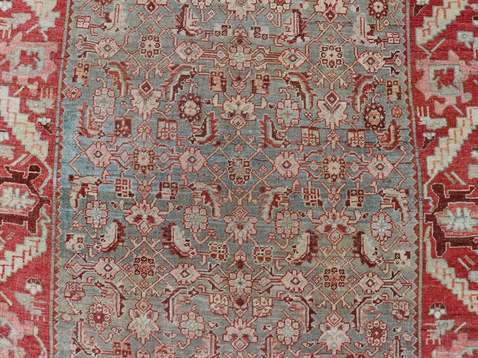 Antique Persian Bidjar Rug with Tribal Herati Design in Light Blue & Soft Red. Distressed antique rug, distressed Bidjar, distressed Persian rug All over Herati flower design, antique Bidjar Persian rug in a variety of muted colors, rug EMB - 9537... - Keivan Woven ArtsEMB - 9537 - 04 - P13030 - 14740Rug
