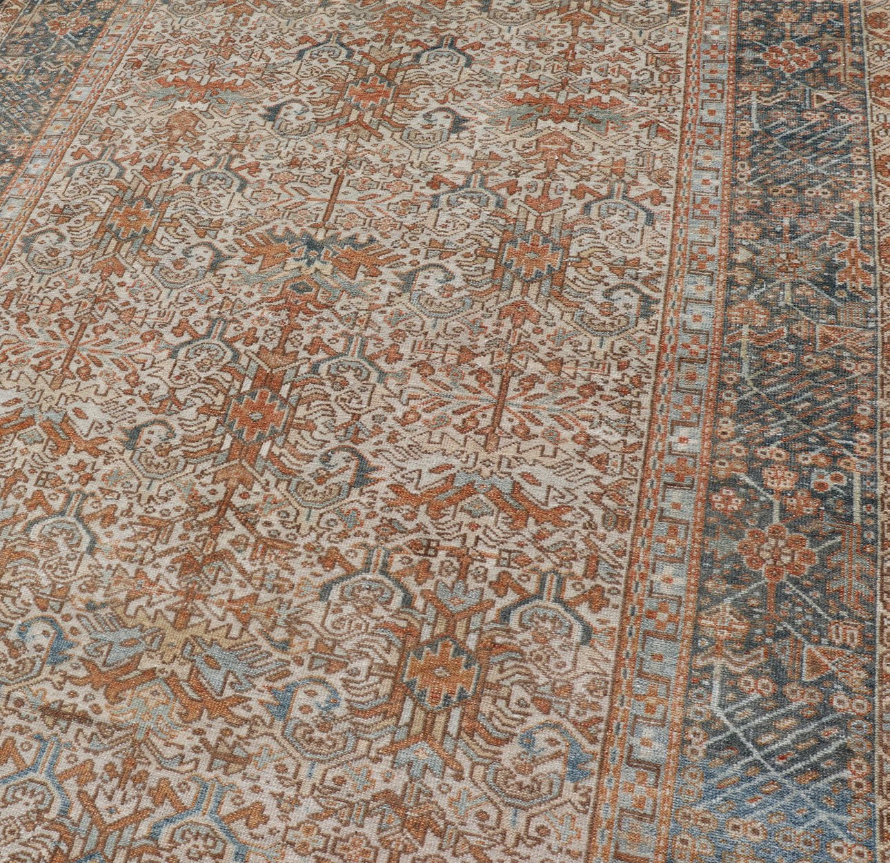 Antique Persian Gallery Heriz Rug with Geometric Design in Copper and Blue Intricately designed geometric Persian Heriz carpet in earth tones, Keivan Woven Arts / rug EMB - 9538 - P13051, country of origin / type: Iran / Heriz, circa 1930 Thi... - Keivan Woven ArtsEMB - 9538 - P13051 - 14746Rug
