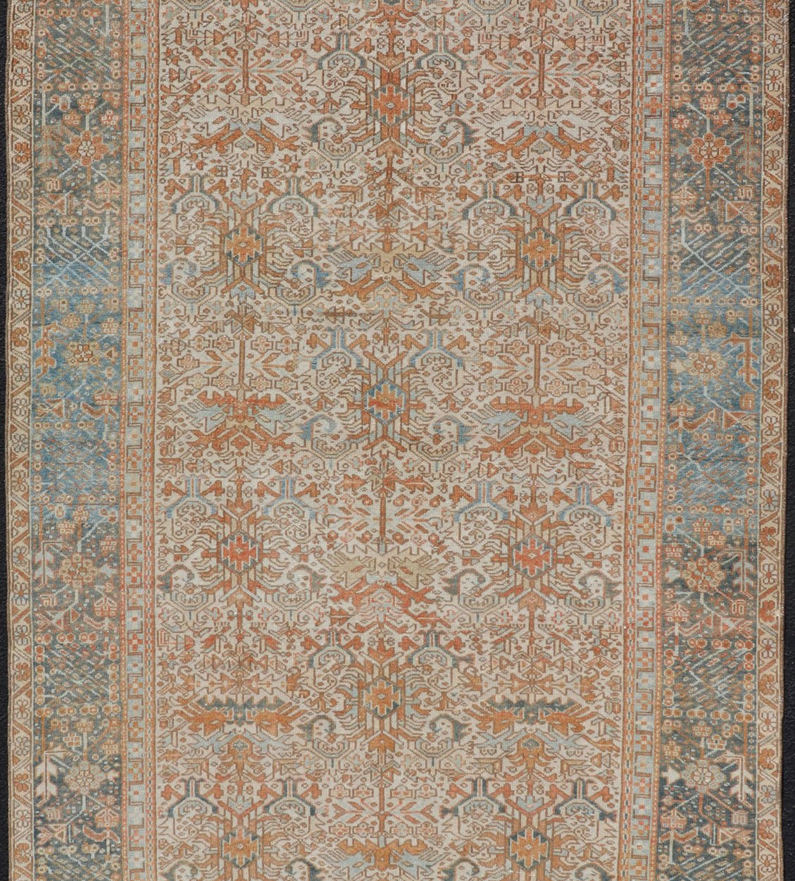 Antique Persian Gallery Heriz Rug with Geometric Design in Copper and Blue Intricately designed geometric Persian Heriz carpet in earth tones, Keivan Woven Arts / rug EMB - 9538 - P13051, country of origin / type: Iran / Heriz, circa 1930 Thi... - Keivan Woven ArtsEMB - 9538 - P13051 - 14746Rug
