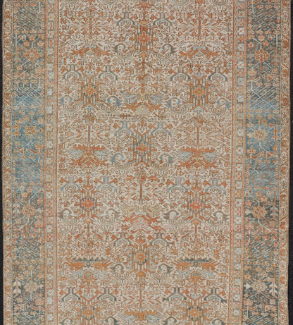 Antique Persian Gallery Heriz Rug with Geometric Design in Copper and Blue Intricately designed geometric Persian Heriz carpet in earth tones, Keivan Woven Arts / rug EMB - 9538 - P13051, country of origin / type: Iran / Heriz, circa 1930 Thi... - Keivan Woven ArtsEMB - 9538 - P13051 - 14746Rug