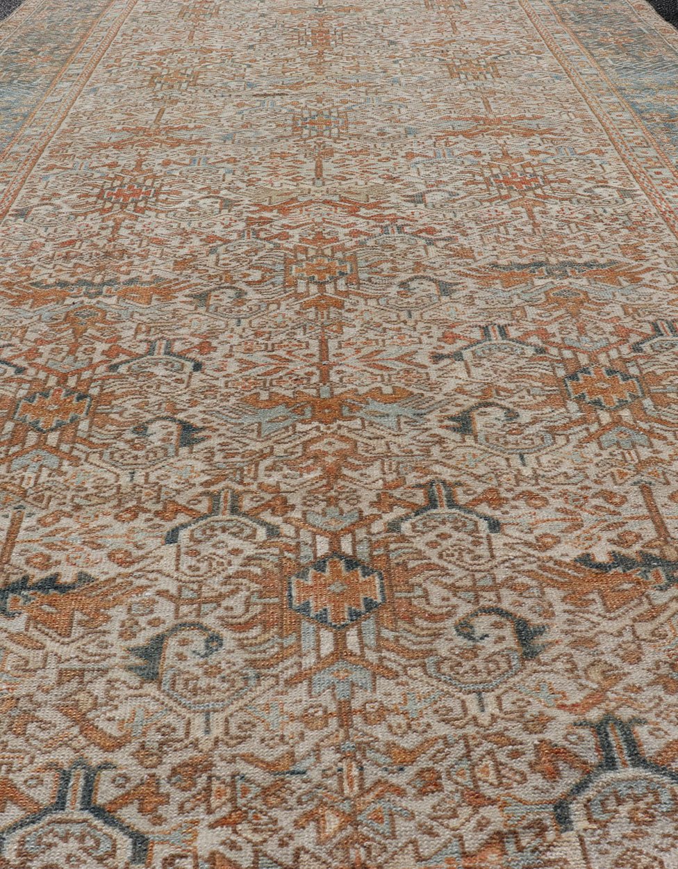 Antique Persian Gallery Heriz Rug with Geometric Design in Copper and Blue Intricately designed geometric Persian Heriz carpet in earth tones, Keivan Woven Arts / rug EMB - 9538 - P13051, country of origin / type: Iran / Heriz, circa 1930 Thi... - Keivan Woven ArtsEMB - 9538 - P13051 - 14746Rug