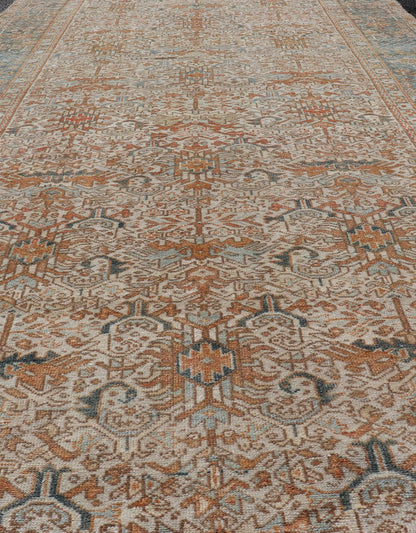 Antique Persian Gallery Heriz Rug with Geometric Design in Copper and Blue Intricately designed geometric Persian Heriz carpet in earth tones, Keivan Woven Arts / rug EMB - 9538 - P13051, country of origin / type: Iran / Heriz, circa 1930 Thi... - Keivan Woven ArtsEMB - 9538 - P13051 - 14746Rug