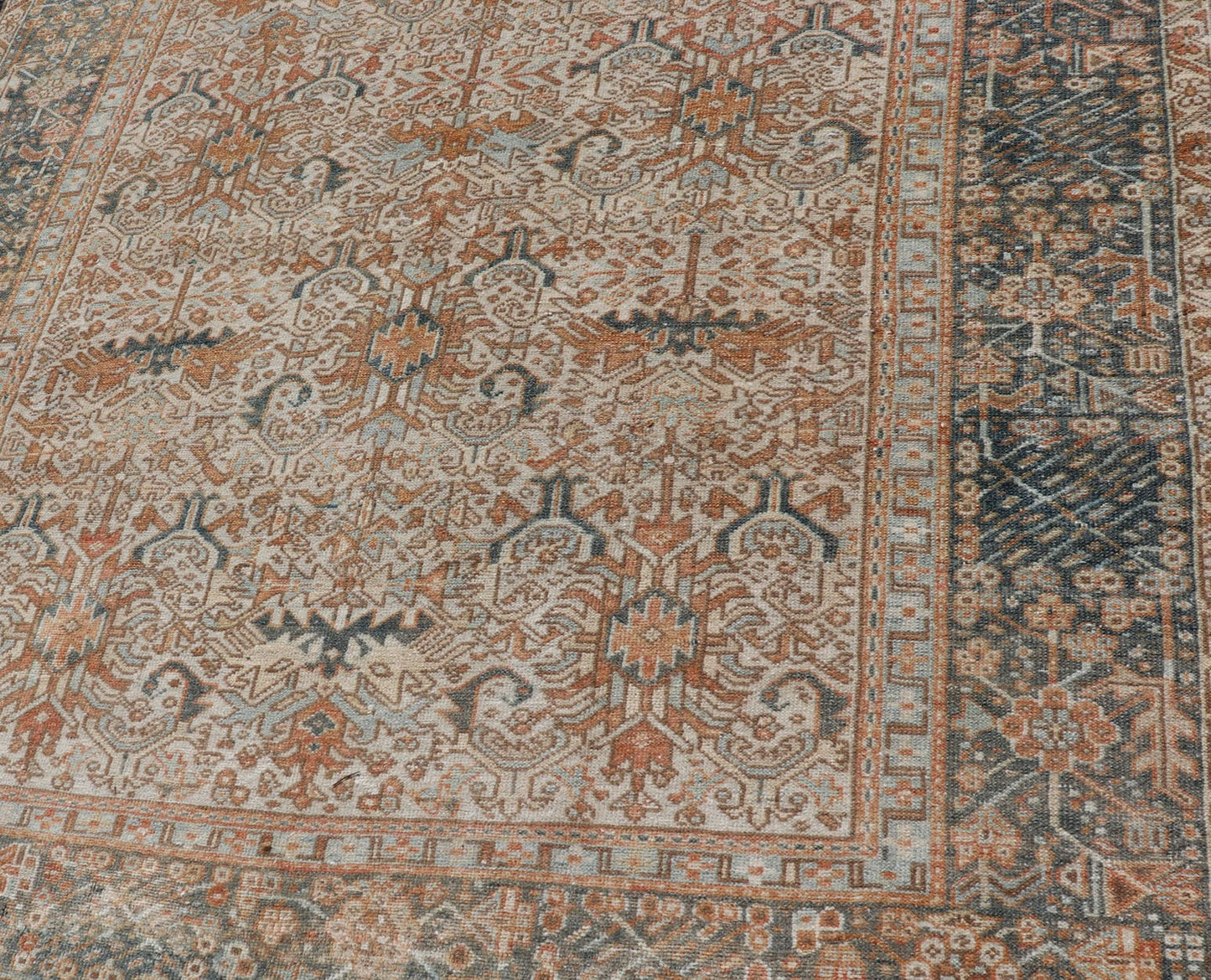Antique Persian Gallery Heriz Rug with Geometric Design in Copper and Blue Intricately designed geometric Persian Heriz carpet in earth tones, Keivan Woven Arts / rug EMB - 9538 - P13051, country of origin / type: Iran / Heriz, circa 1930 Thi... - Keivan Woven ArtsEMB - 9538 - P13051 - 14746Rug
