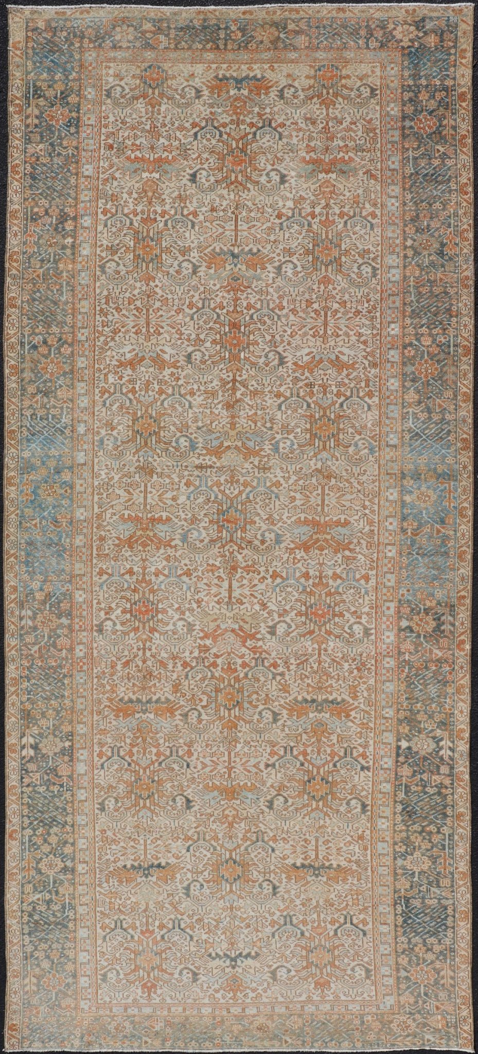 Antique Persian Gallery Heriz Rug with Geometric Design in Copper and Blue Intricately designed geometric Persian Heriz carpet in earth tones, Keivan Woven Arts / rug EMB - 9538 - P13051, country of origin / type: Iran / Heriz, circa 1930 Thi... - Keivan Woven ArtsEMB - 9538 - P13051 - 14746Rug